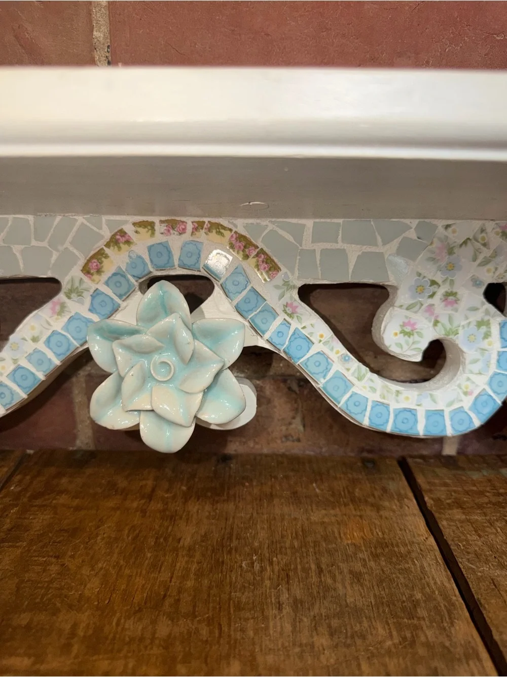 White Decorative Wall Shelf with Pastel Mosaic Accent Beach Coral Floral